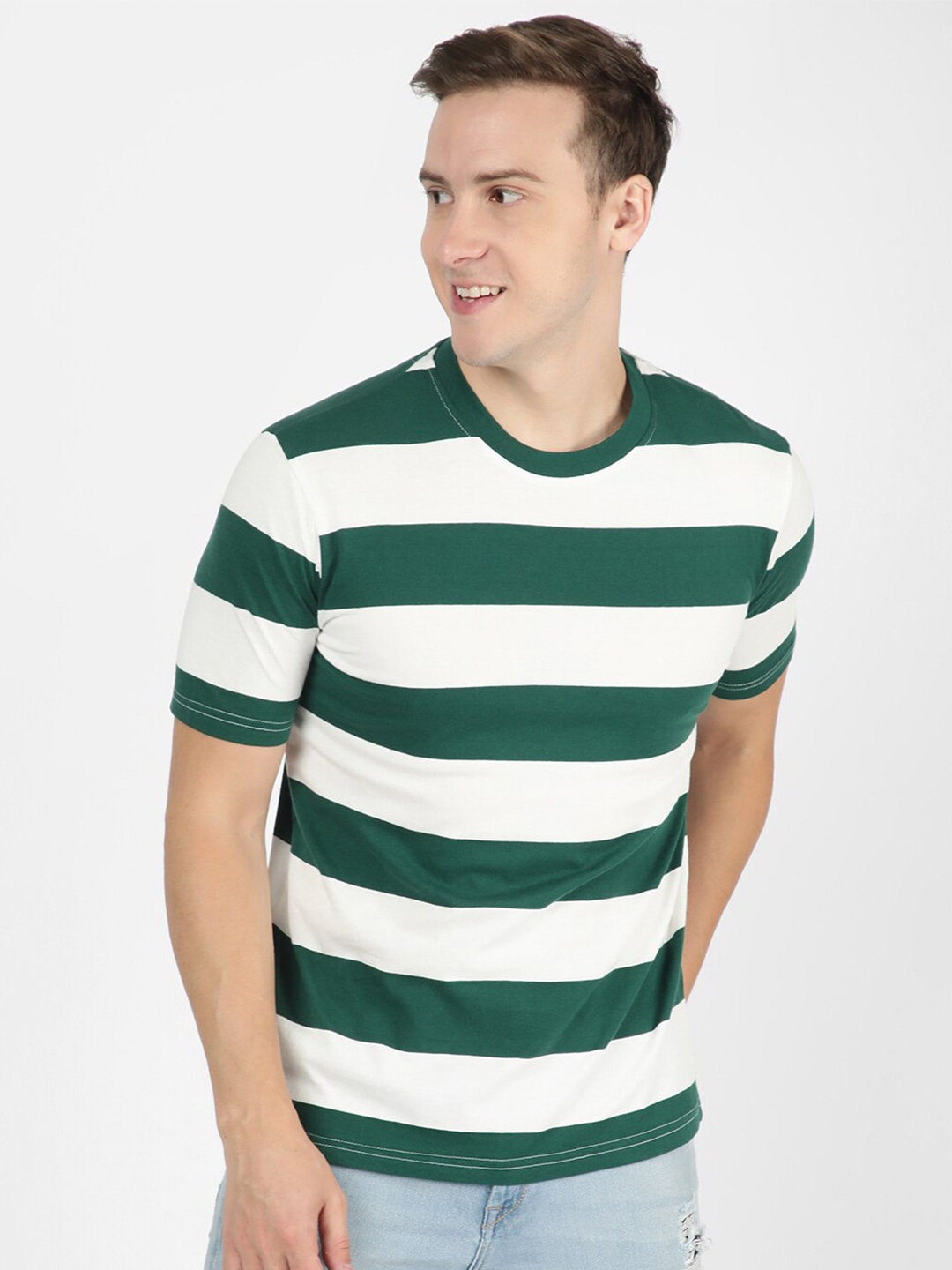 

R&B Striped Round Neck Cotton T-shirt, Green