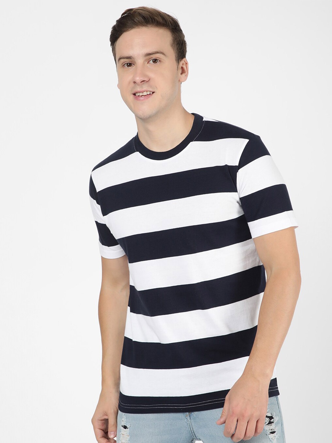 

R&B Striped Round Neck Cotton T-shirt, Navy blue
