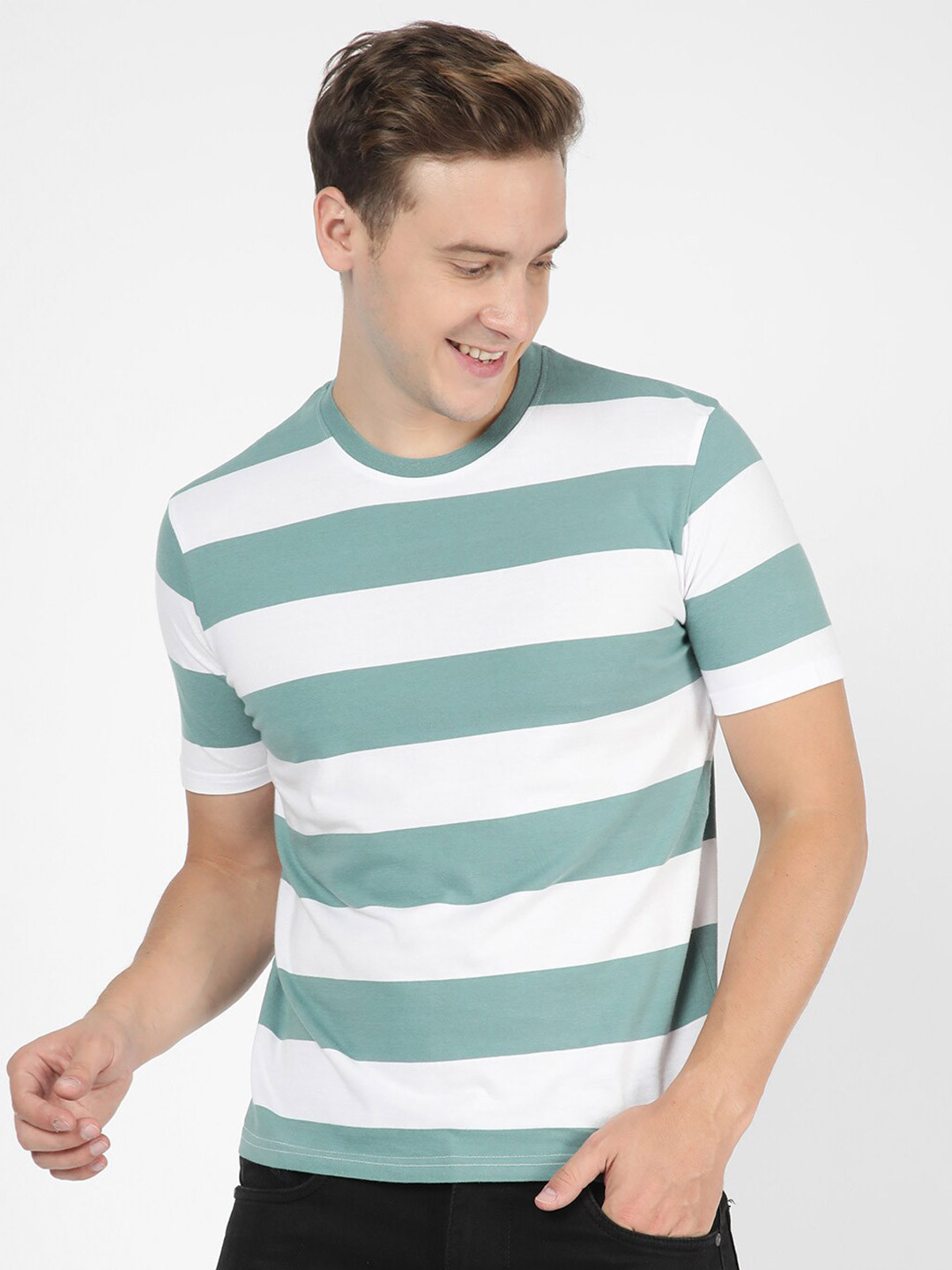 

R&B Striped Round Neck Cotton T-shirt, Green