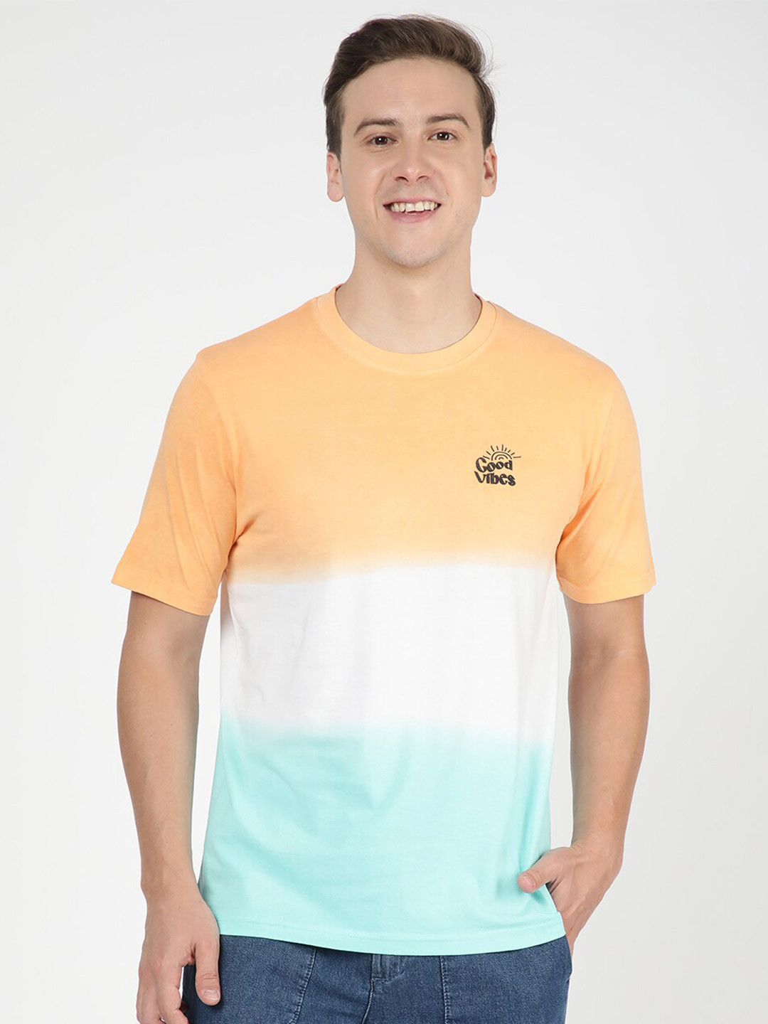 

R&B Colourblocked Cotton T-shirt, Orange
