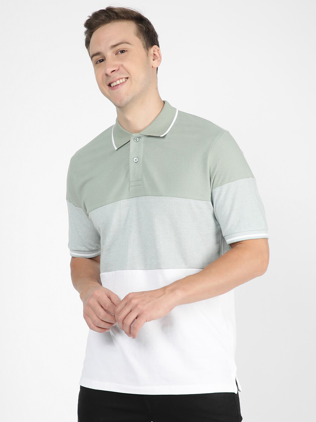 

R&B Colourblocked Polo Collar Cotton T-shirt, Green