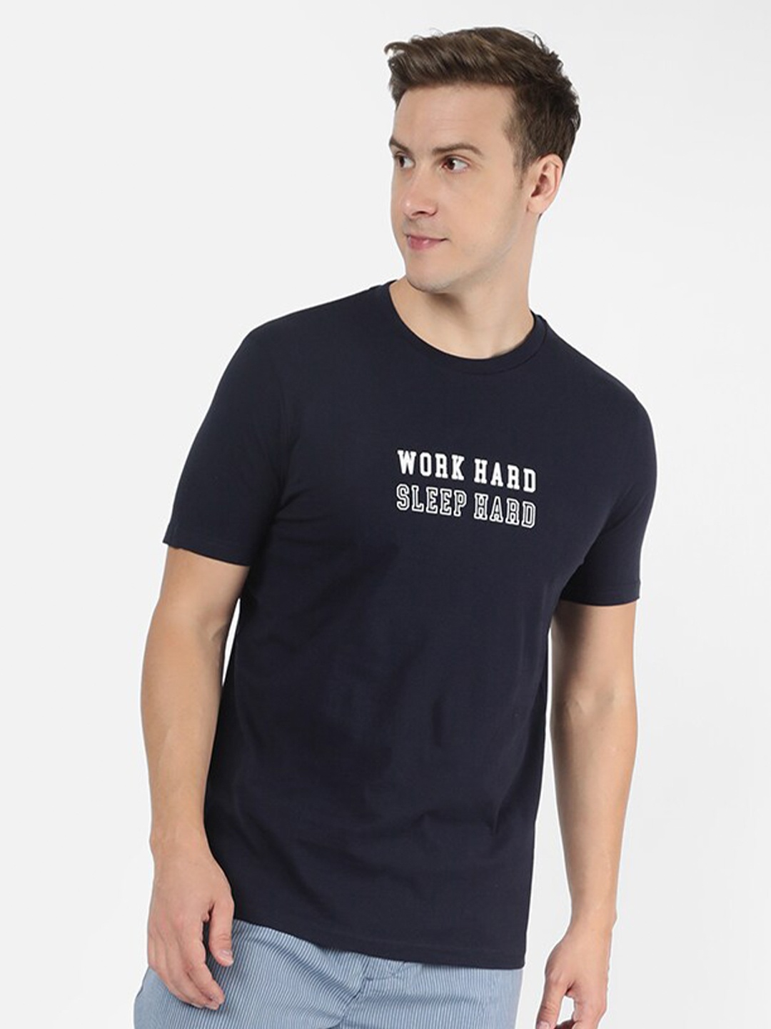 

R&B Typography Printed Cotton T-shirt, Navy blue