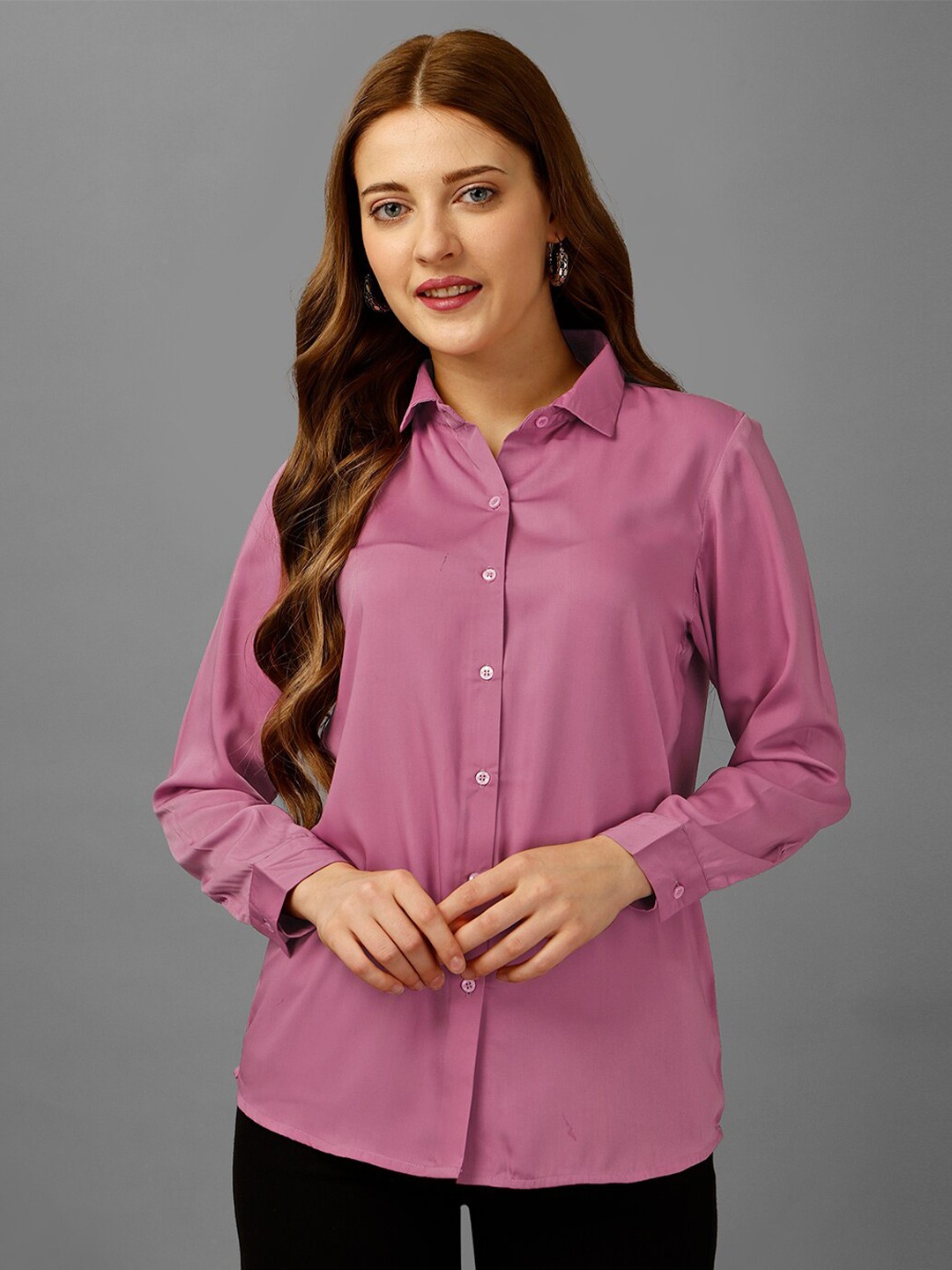 

Fbella Spread Collar Standard-Fit Tailored-Fit Satin Casual Shirt, Pink