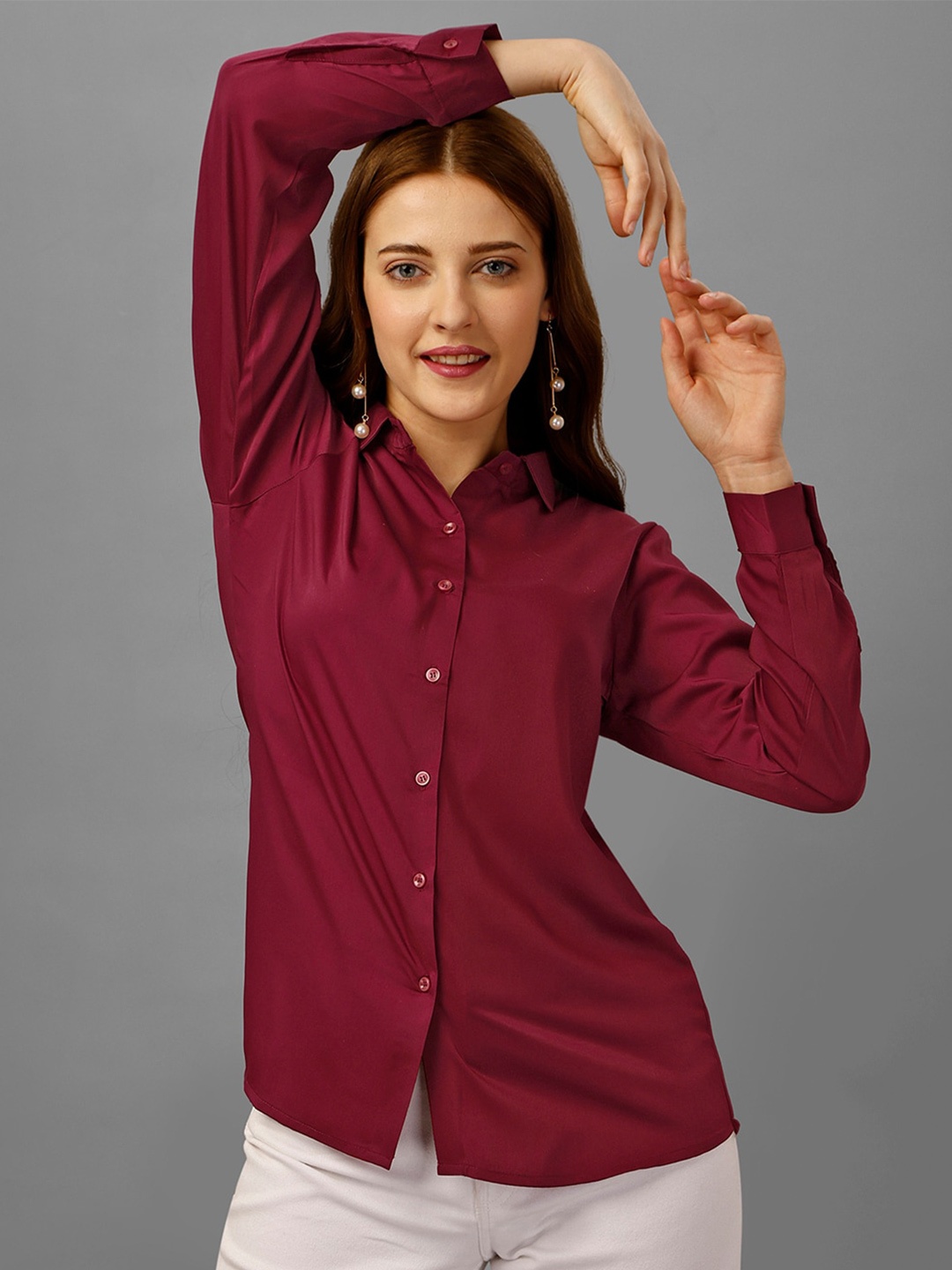 

Fbella Spread Collar Standard-Fit Tailored-Fit Satin Casual Shirt, Maroon