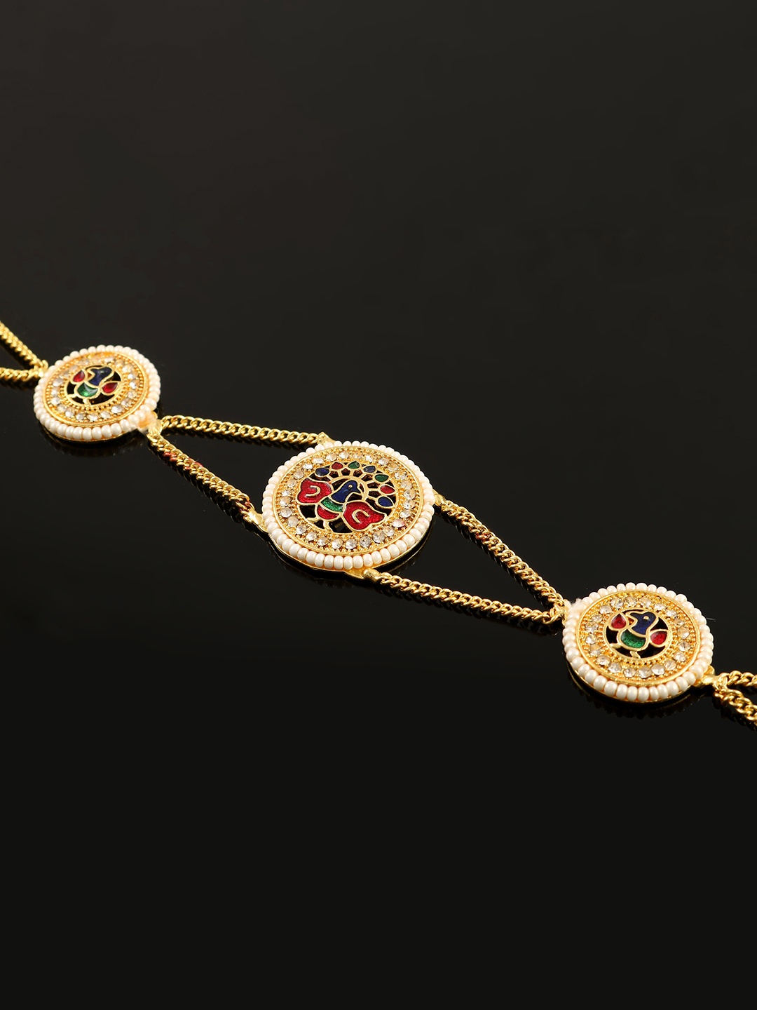 

Jewar Mandi Gold-Plated American Diamond-Studded & Beaded Matha Patti