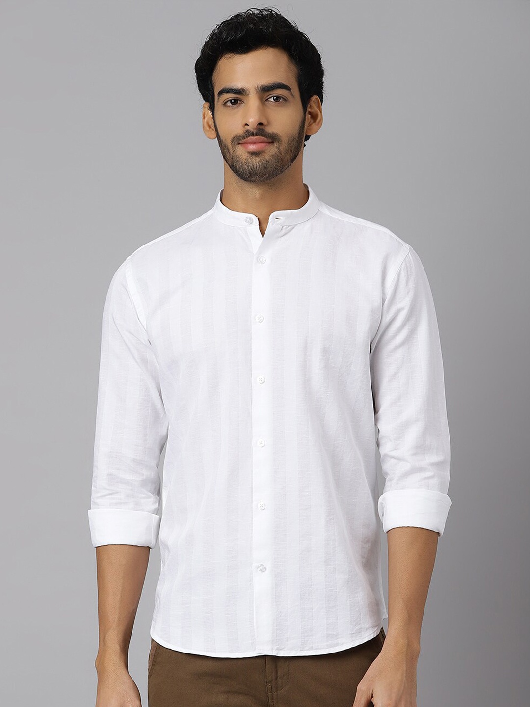 

KINGDOM OF WHITE Striped Band Collar Casual Cotton Linen Shirt