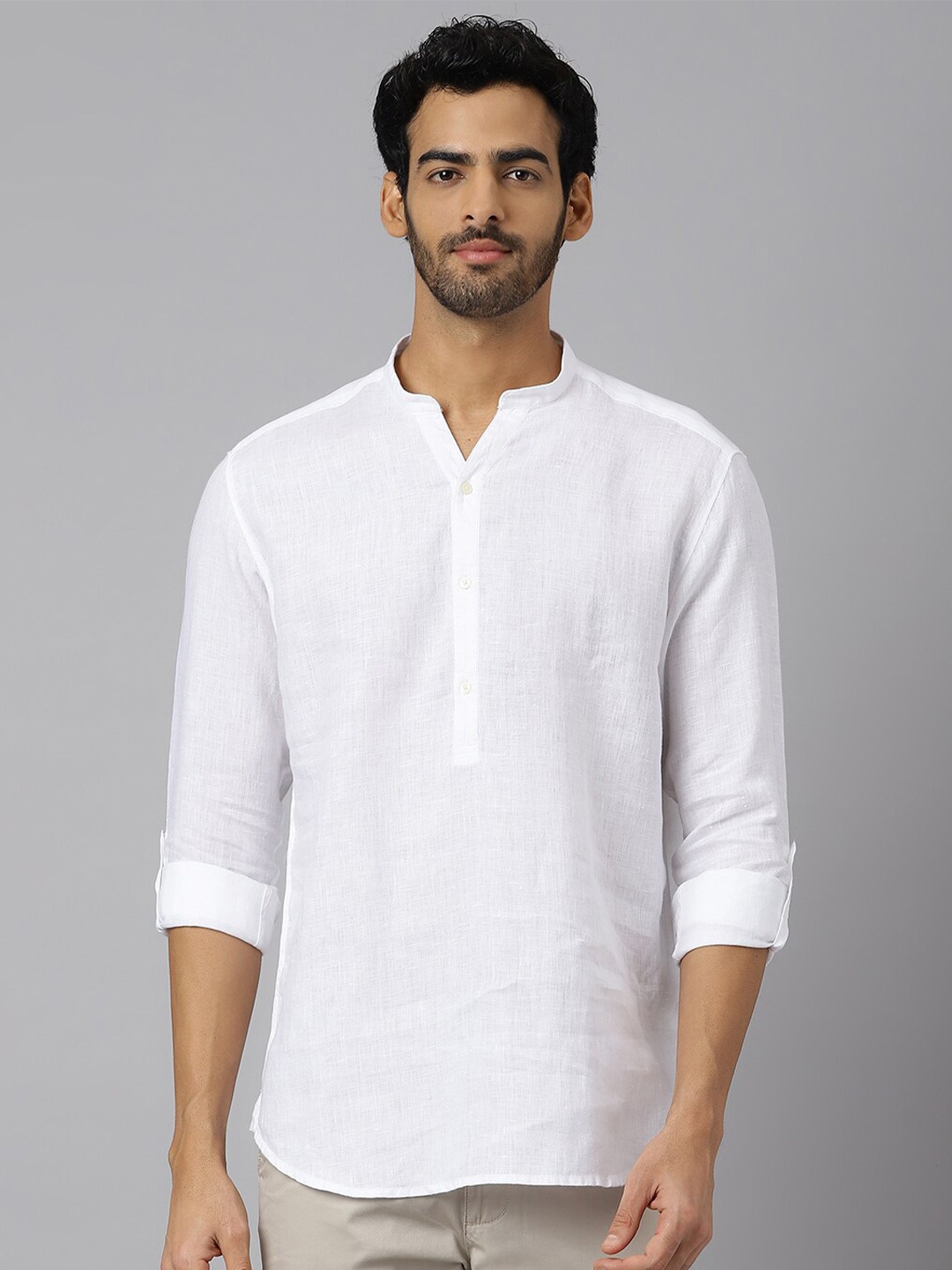 

KINGDOM OF WHITE Mandarin Collar Straight Linen Short Kurta