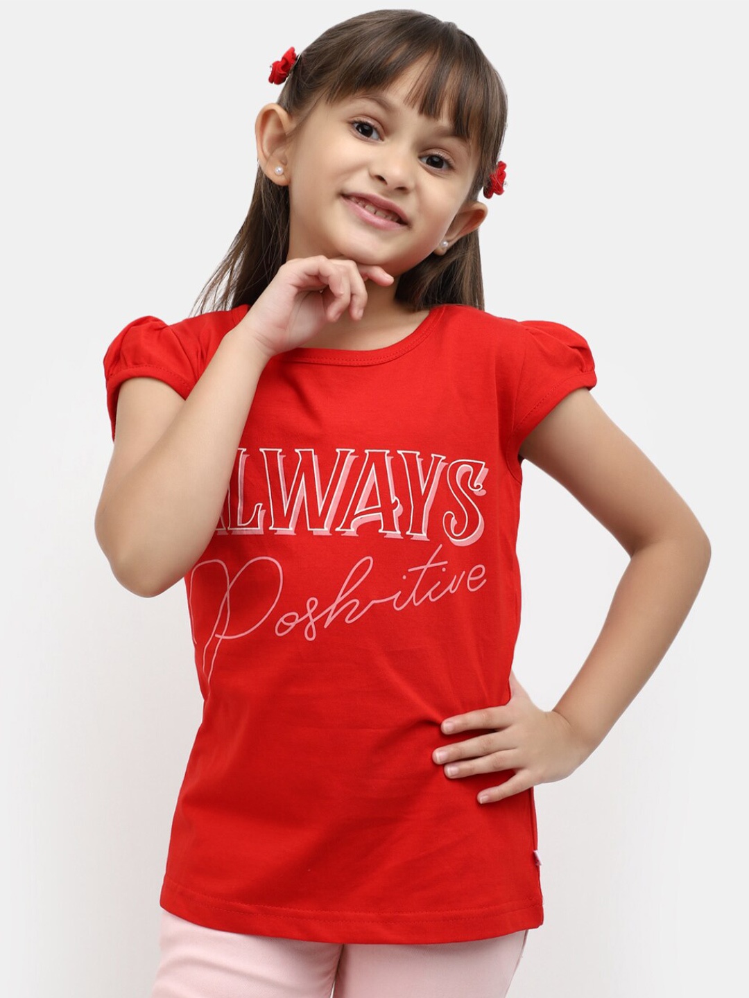 V-Mart Girls Typography Printed Puff Sleeves Cotton T-shirt, Red