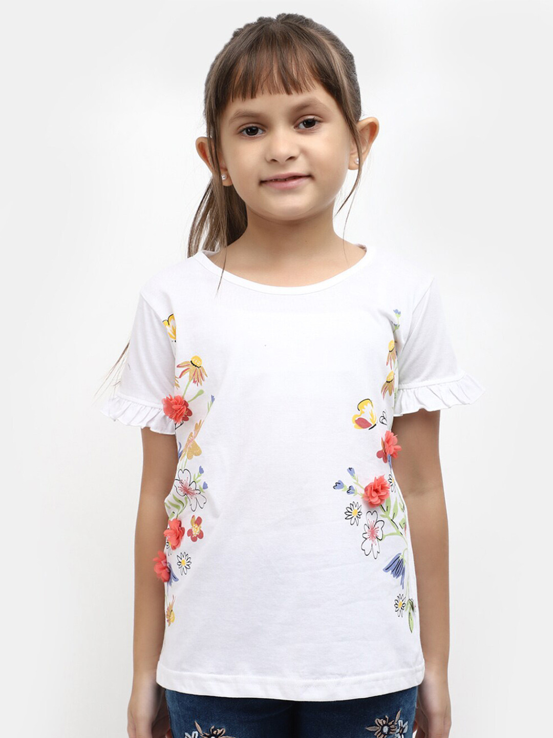 

V-Mart Girls Floral Printed Cotton T-shirt, White