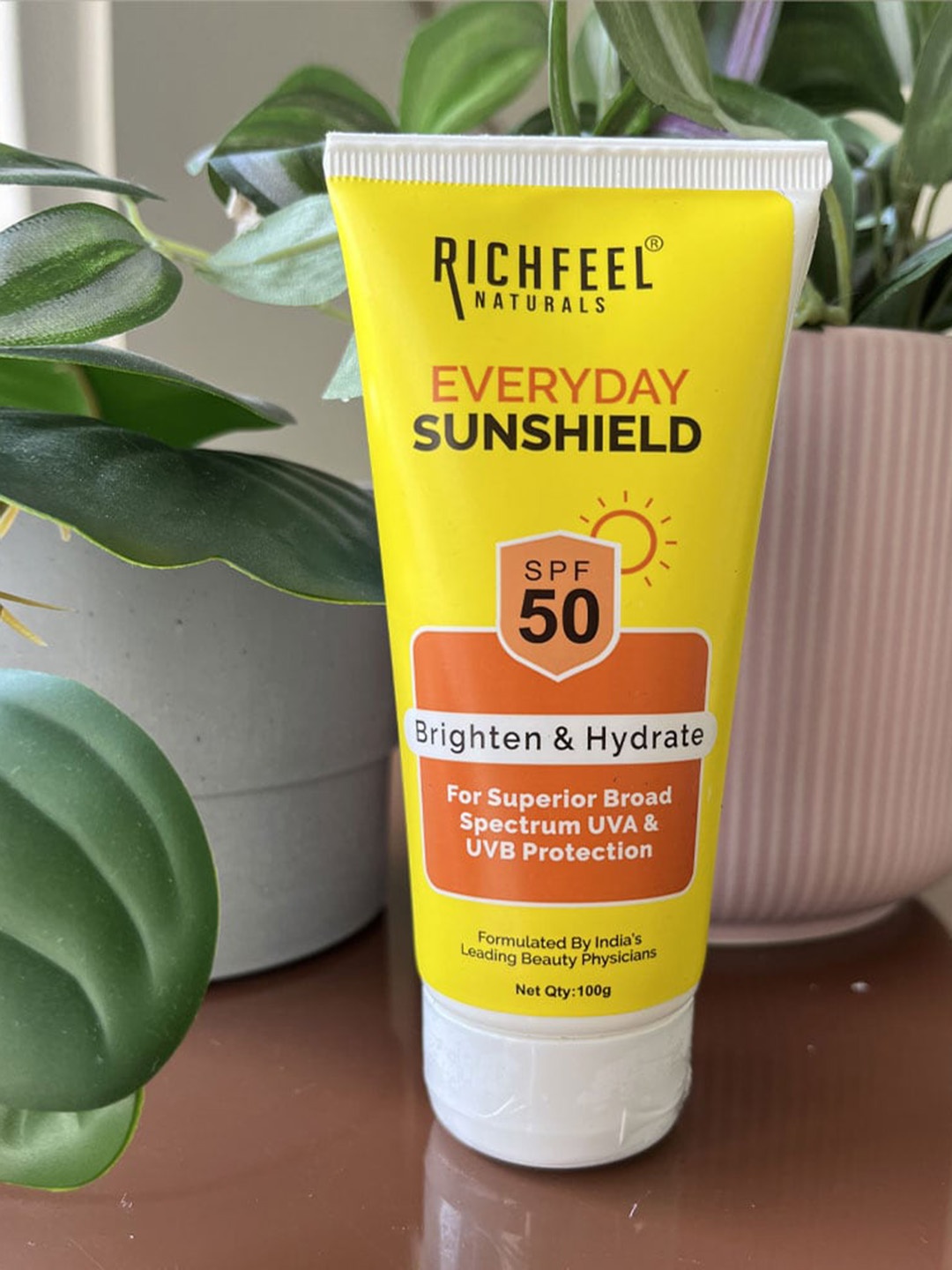 

Richfeel Everyday Sunshield with SPF 50 to Brighten & Hydrate Skin - 100 g, Yellow