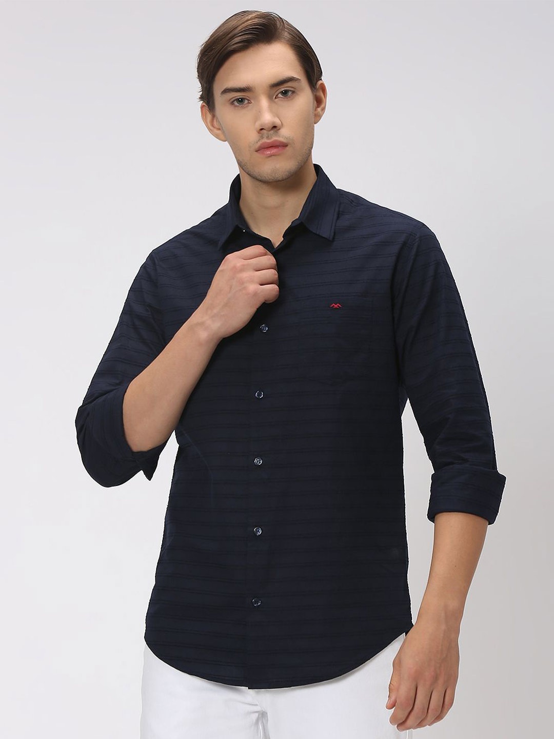 

Mufti Slim Fit Horizontal Striped Casual Cotton Linen Shirt, Navy blue