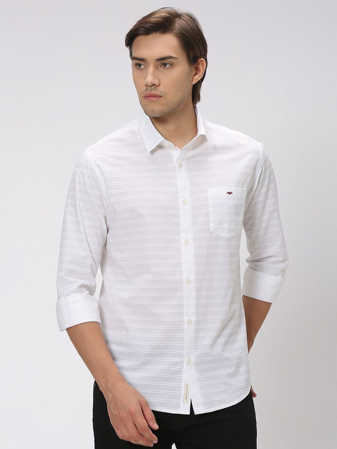 

Mufti Slim Fit Horizontal Striped Casual Cotton Linen Shirt, White