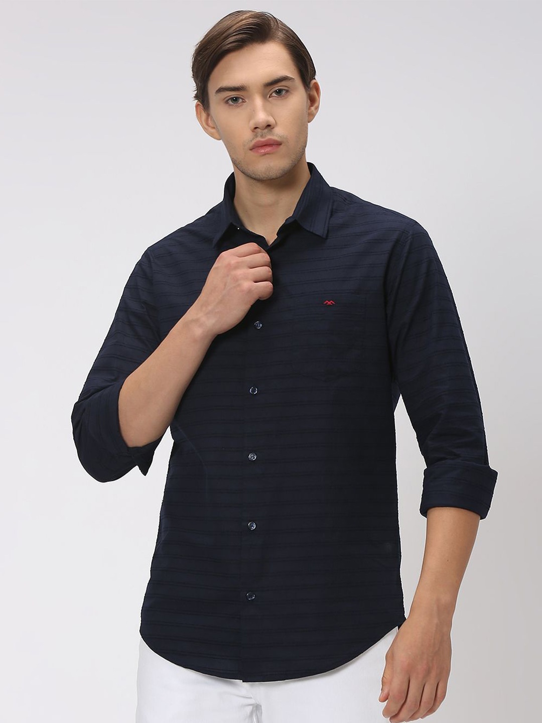 

Mufti Slim Fit Horizontal Striped Casual Cotton Linen Shirt, Navy blue