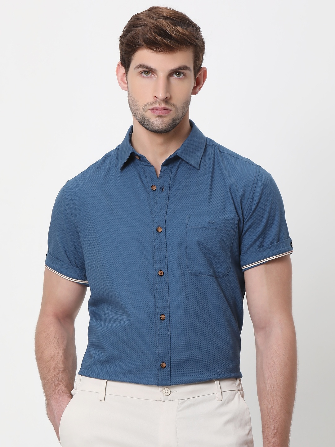 

Mufti Slim Fit Opaque Casual Cotton Linen Shirt, Blue
