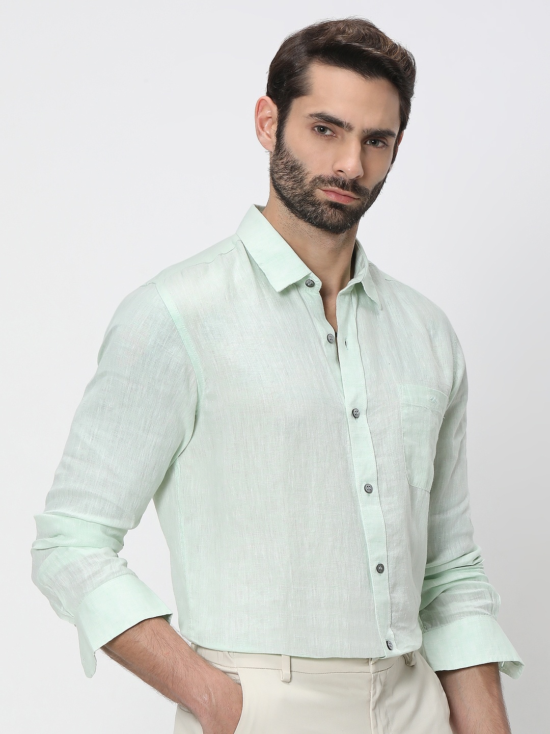 

Mufti Slim Fit Opaque Linen Casual Shirt, Green