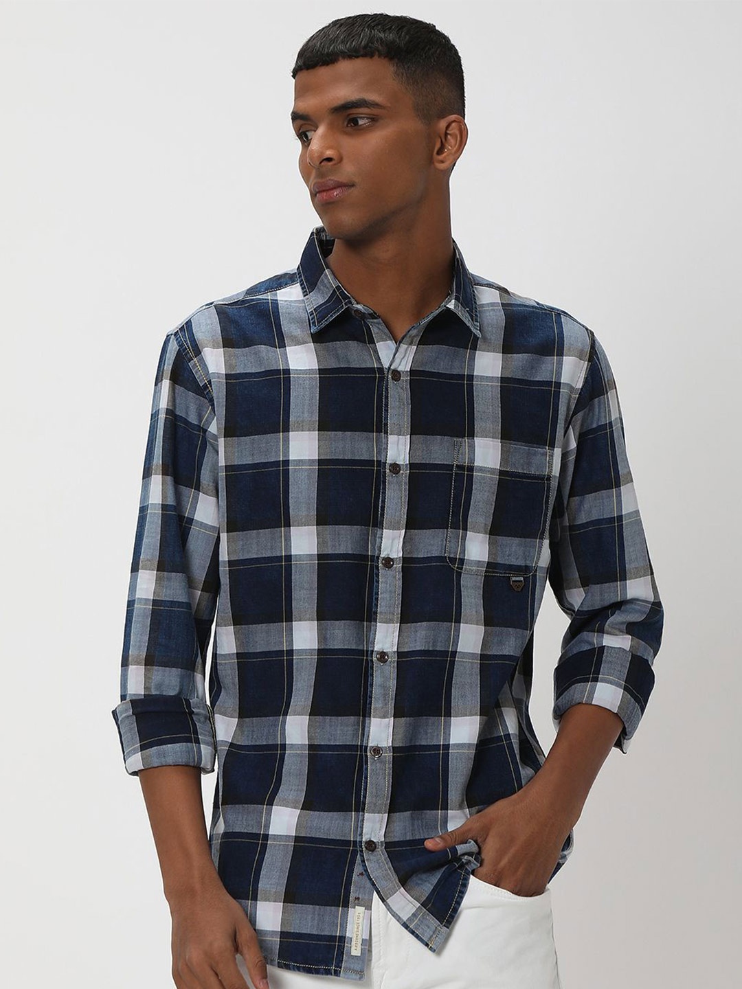 

Mufti Slim Fit Tartan Checked Spread Collar Casual Shirt, Navy blue