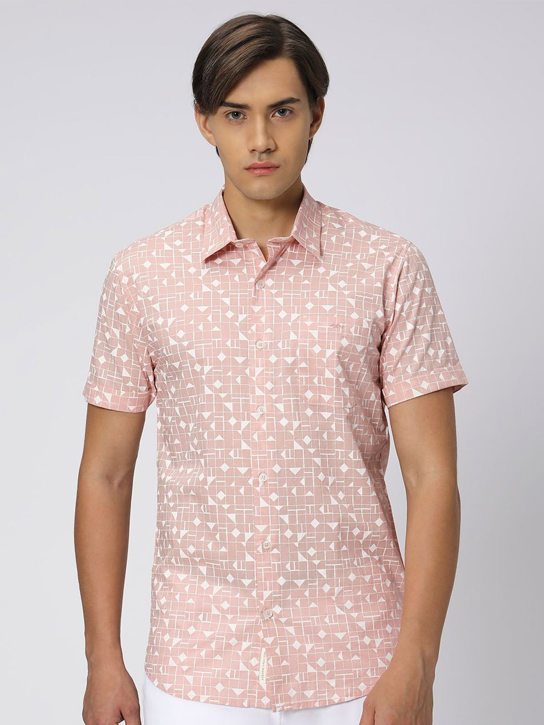 

Mufti Slim Fit Geometric Printed Spread Collar Casual Shirt, Pink