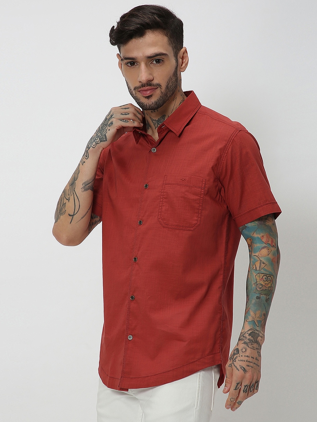 

Mufti Slim Fit Opaque Cotton Linen Casual Shirt, Red