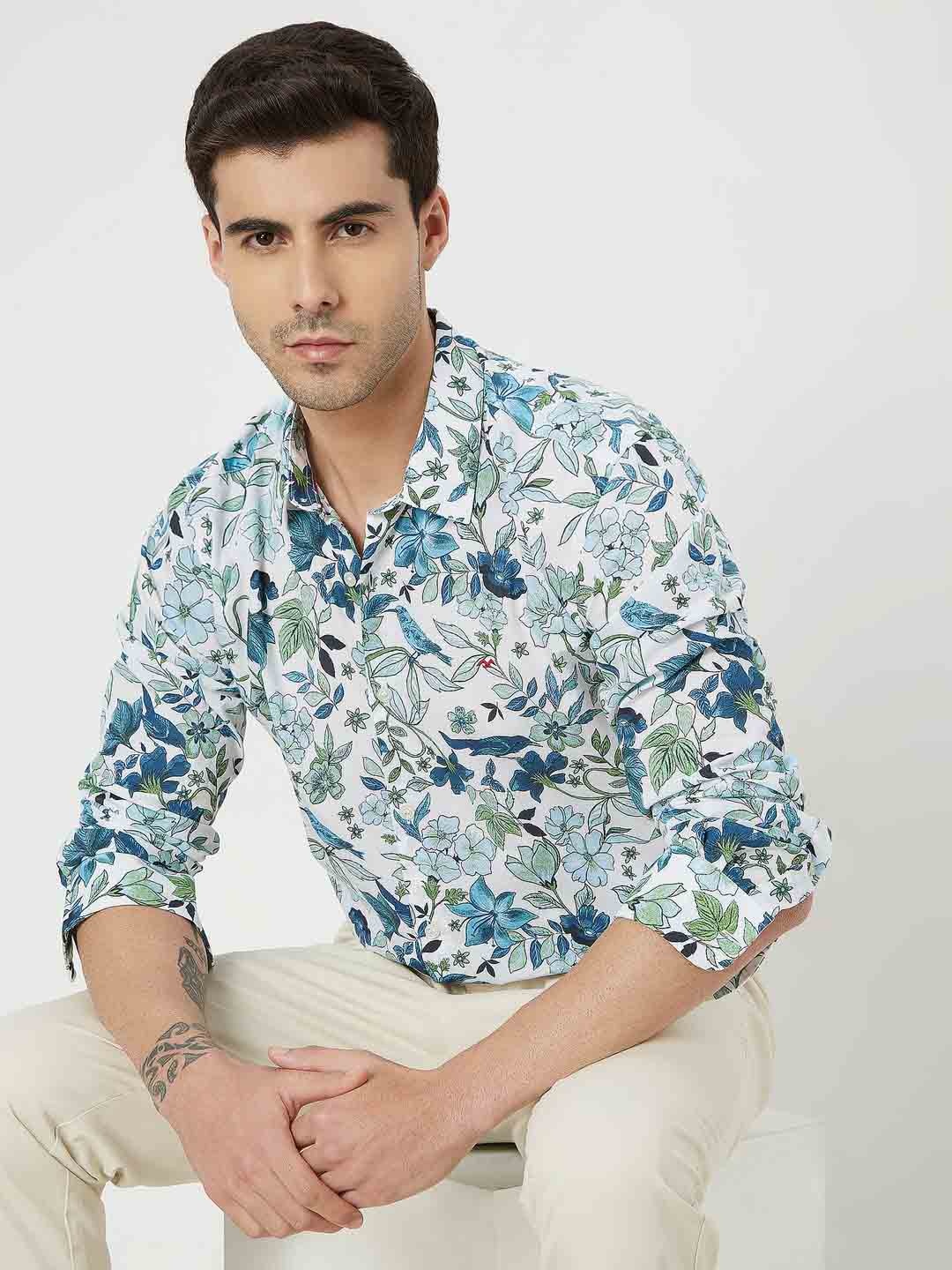 

Mufti Slim Fit Floral Printed Casual Cotton Linen Shirt, White
