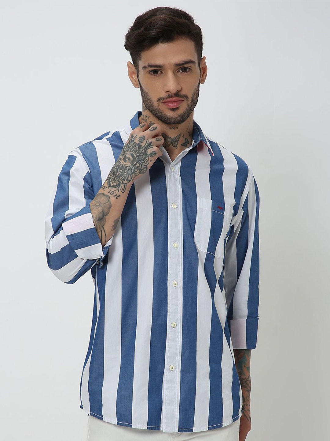 

Mufti Slim Fit Vertical Striped Spread Collar Casual Shirt, Blue