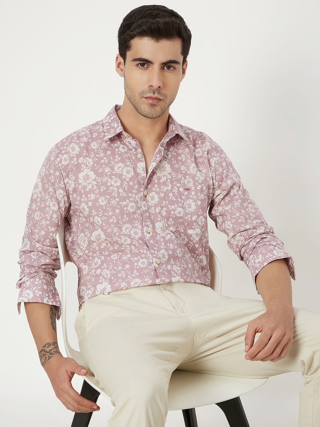 

Mufti Slim Fit Floral Printed Casual Cotton Linen Shirt, Mauve