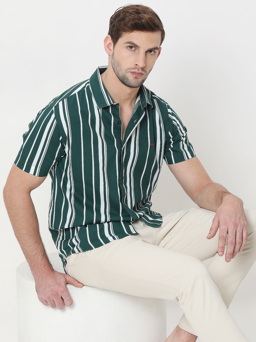 

Mufti Slim Fit Striped Casual Cotton Linen Shirt, Green