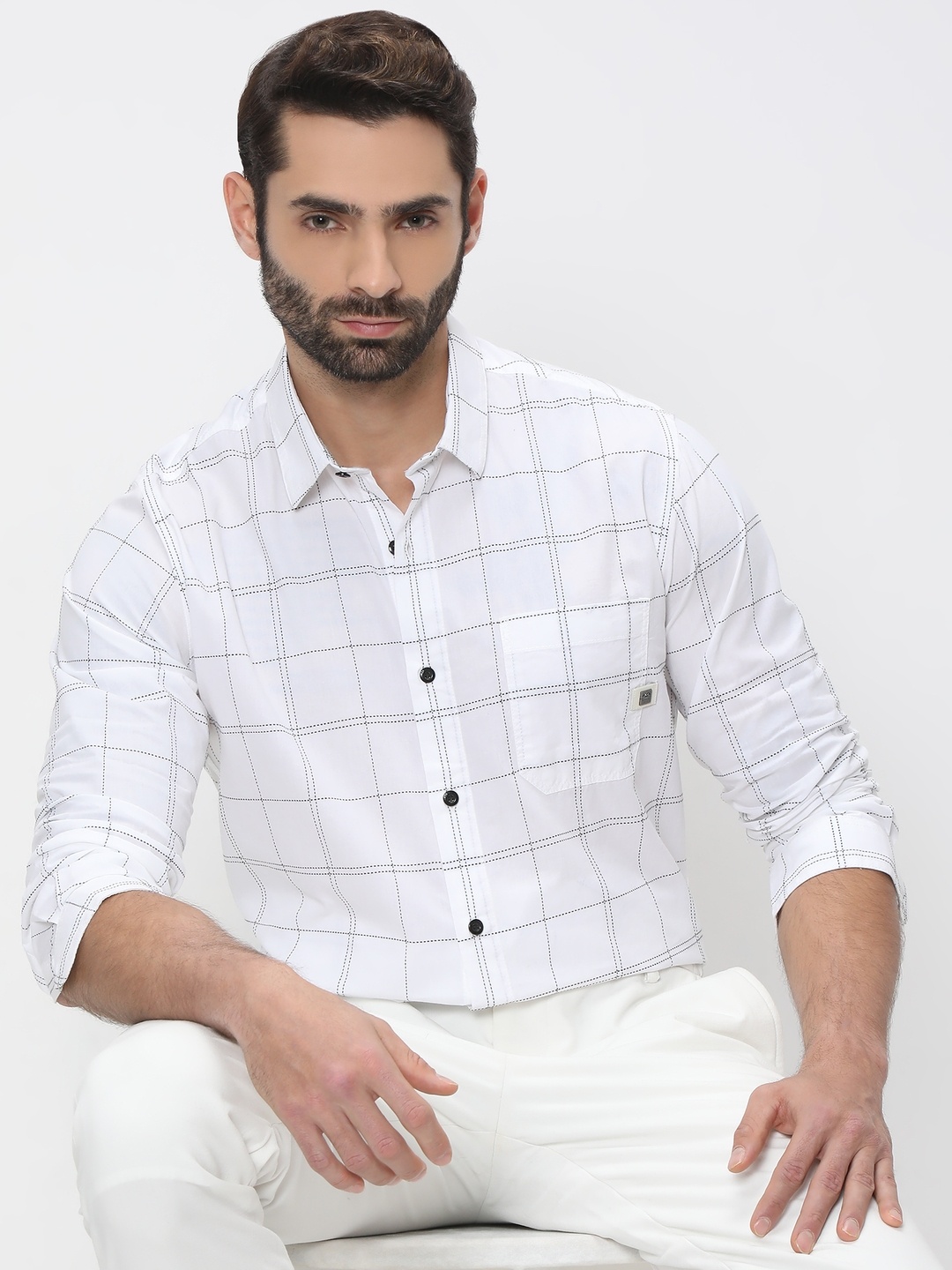 

Mufti Slim Fit Windowpane Checked Casual Cotton Linen Shirt, White