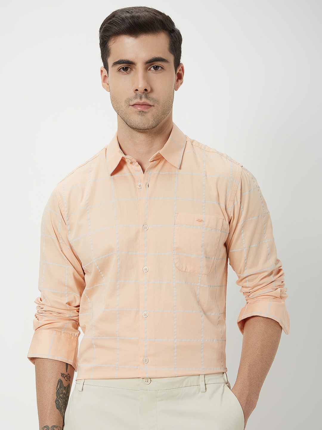 

Mufti Slim Fit Checked Cotton Linen Shirt, Peach