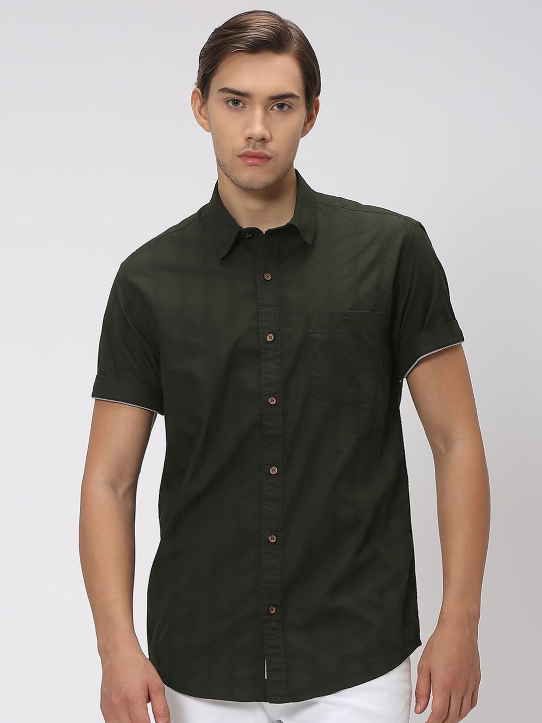 

Mufti Slim Fit Opaque Cotton Linen Casual Shirt, Olive