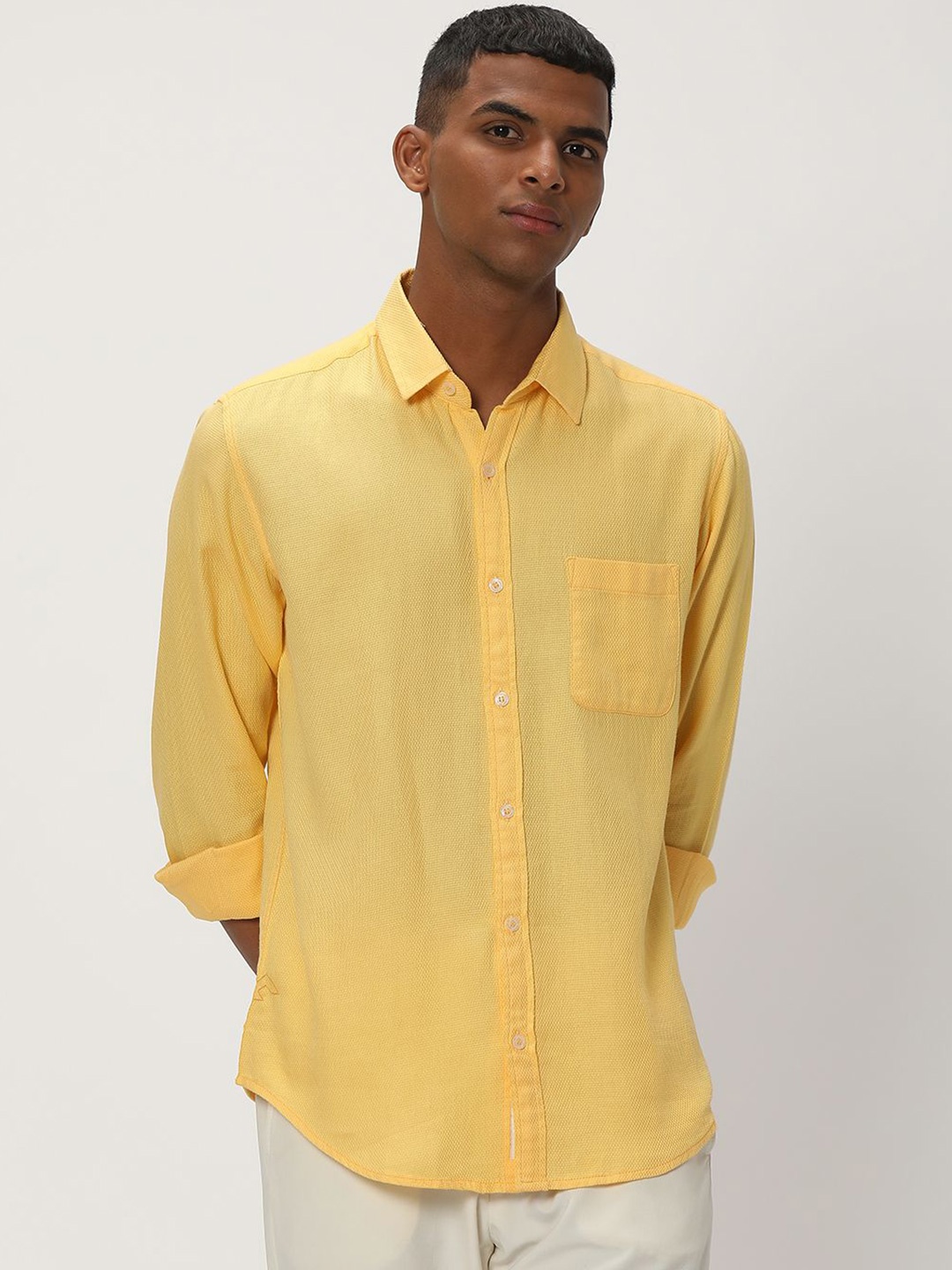 

Mufti Spread Collar Slim Fit Textured Casual Shirt, Yellow