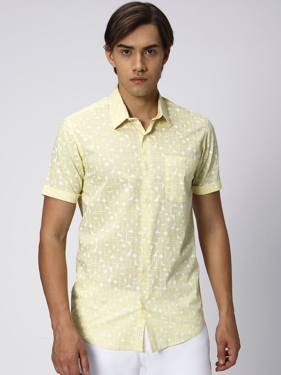 

Mufti Slim Fit Floral Opaque Printed Cotton Linen Casual Shirt, Yellow