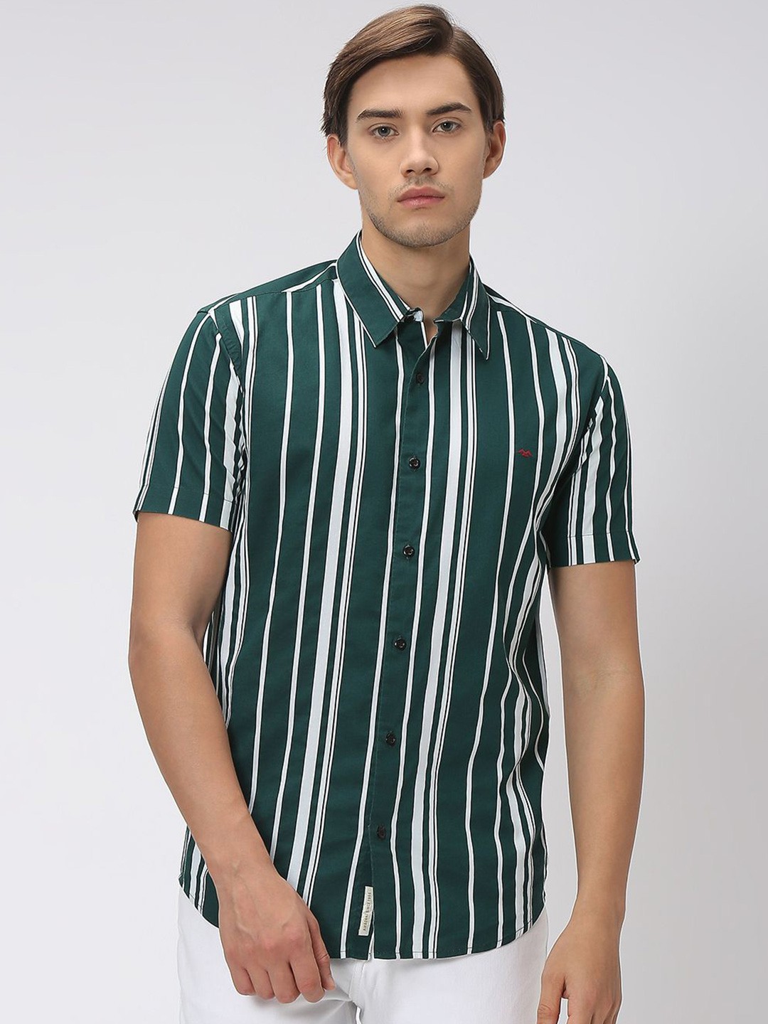 

Mufti Slim Fit Striped Casual Cotton Linen Shirt, Green