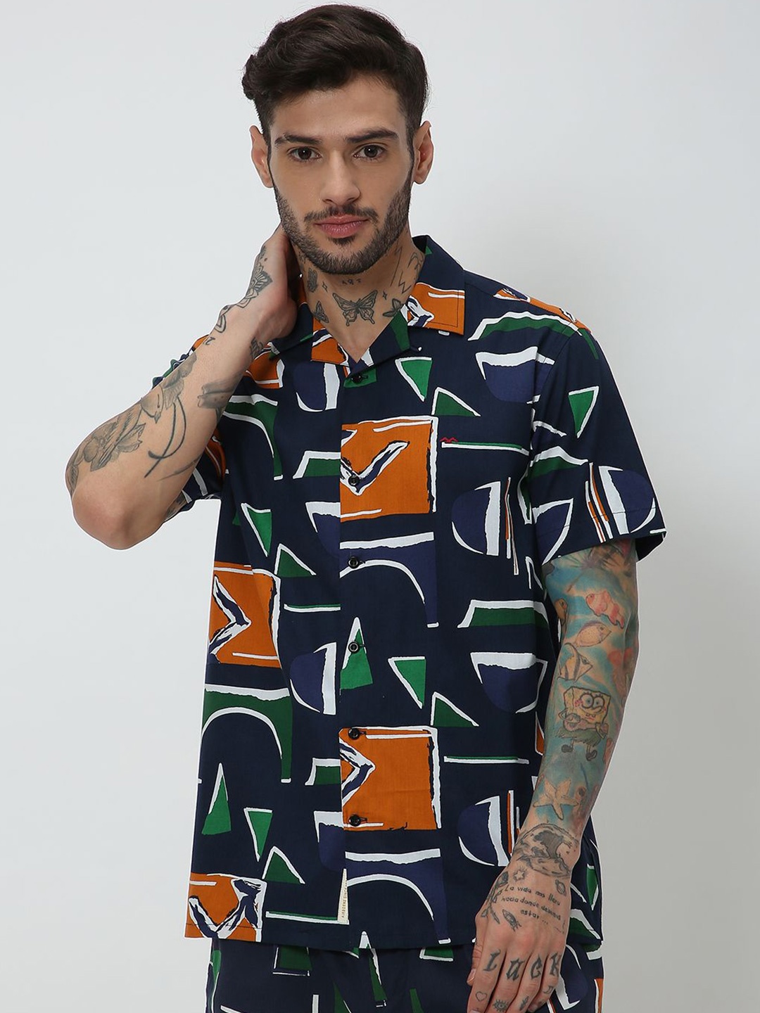 

Mufti Abstract Printed Cotton Linen Shirt, Navy blue
