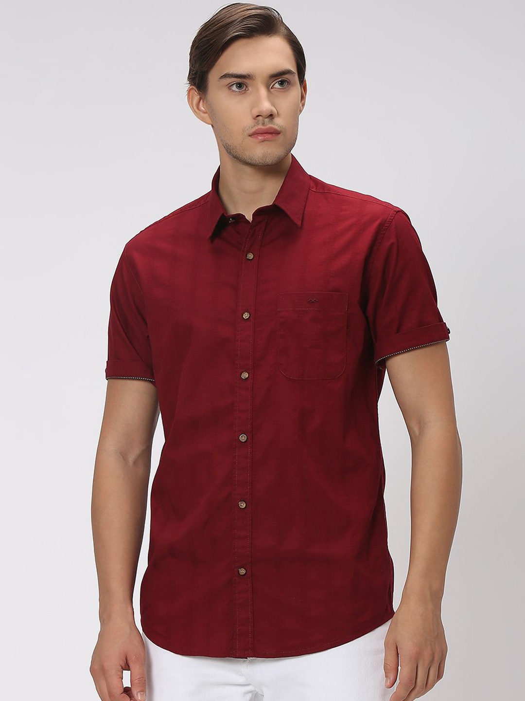 

Mufti Slim Fit Vertical Self Design Spread Collar Casual Shirt, Red