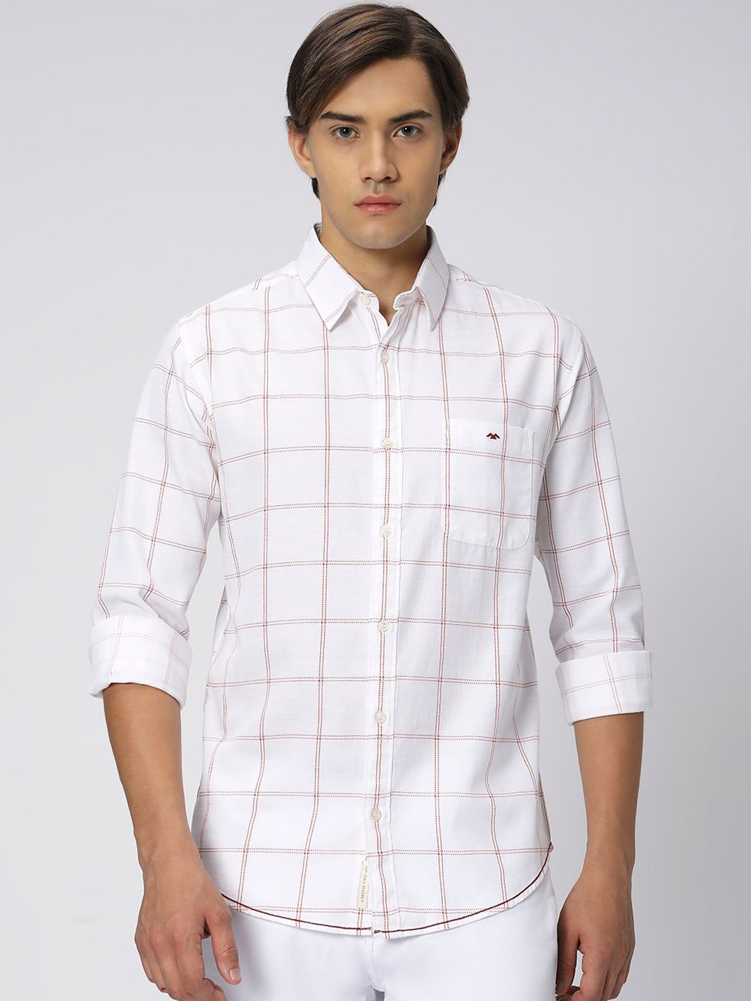 

Mufti Slim Fit Windowpane Checks Opaque Cotton Linen Casual Shirt, White