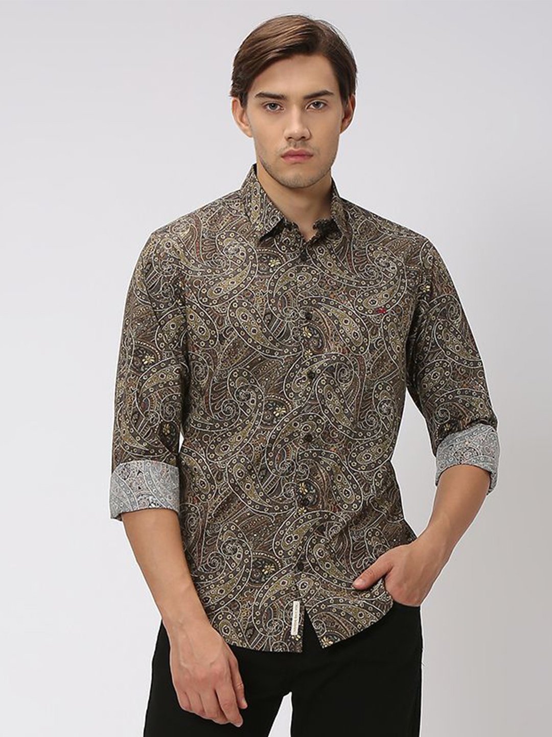 

Mufti Slim Fit Floral Printed Cotton Linen Shirt, Brown