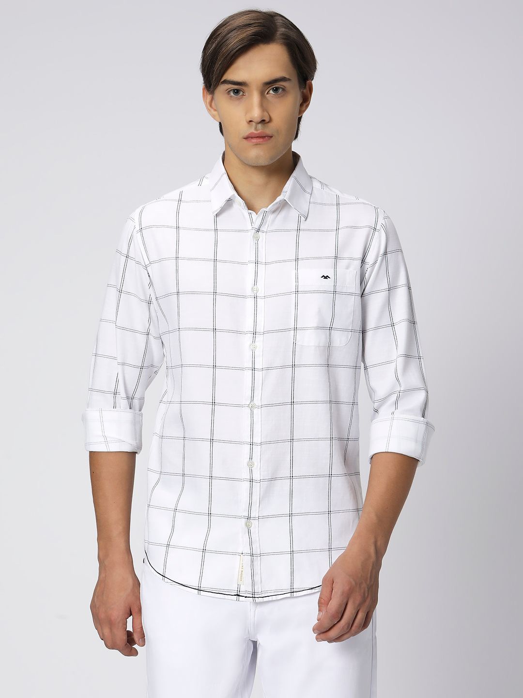 

Mufti Slim Fit Windowpane Checked Casual Cotton Linen Shirt, White