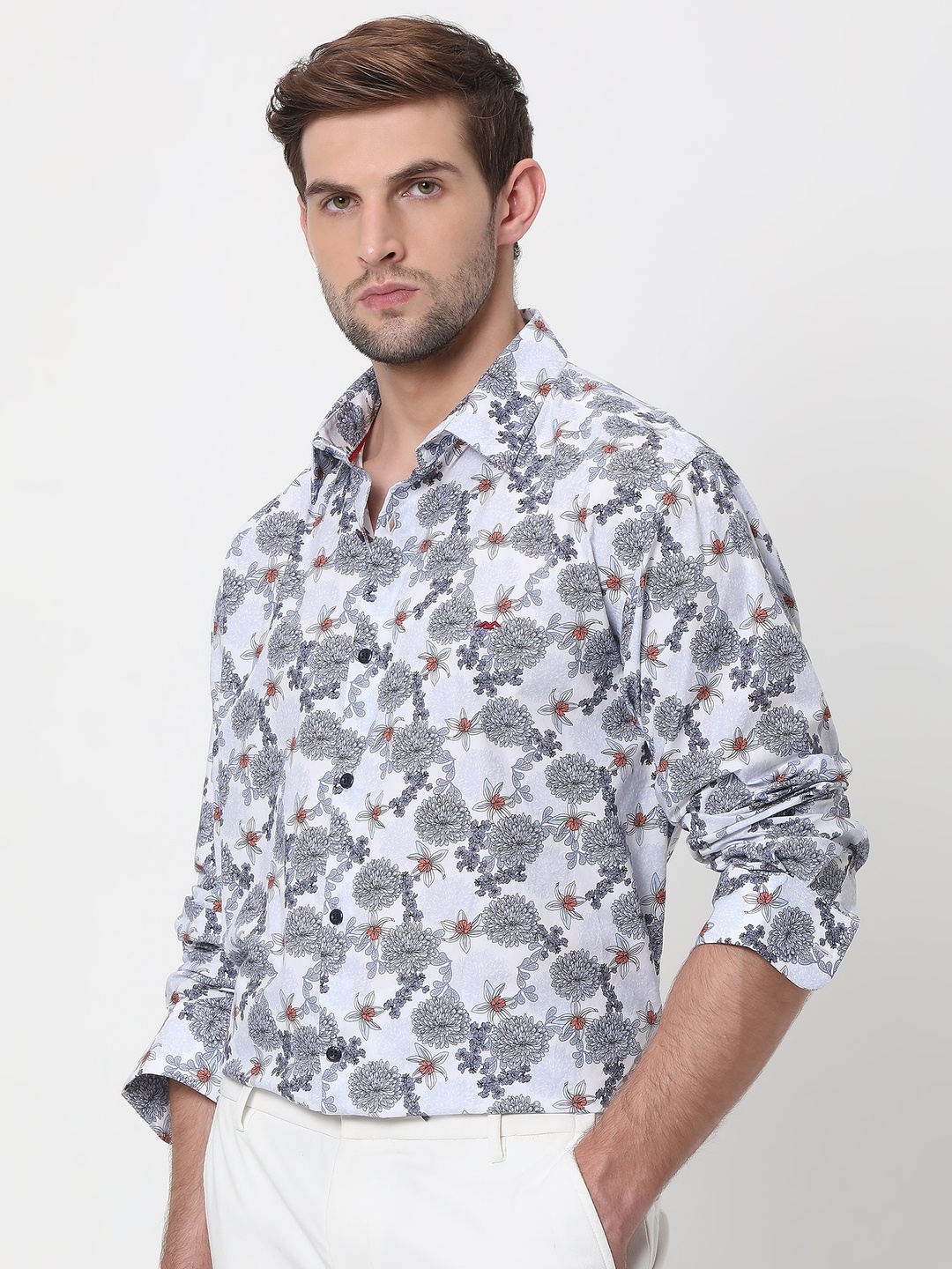 

Mufti Slim Fit Floral Printed Casual Cotton Linen Shirt, Blue