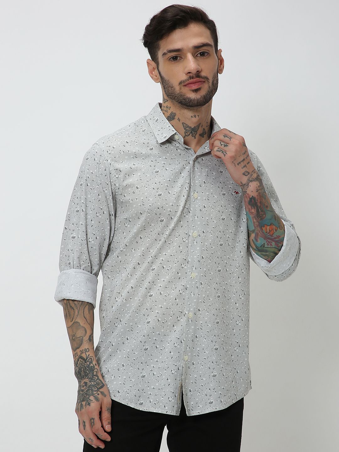 

Mufti Slim Fit Floral Printed Casual Cotton Linen Shirt, Grey