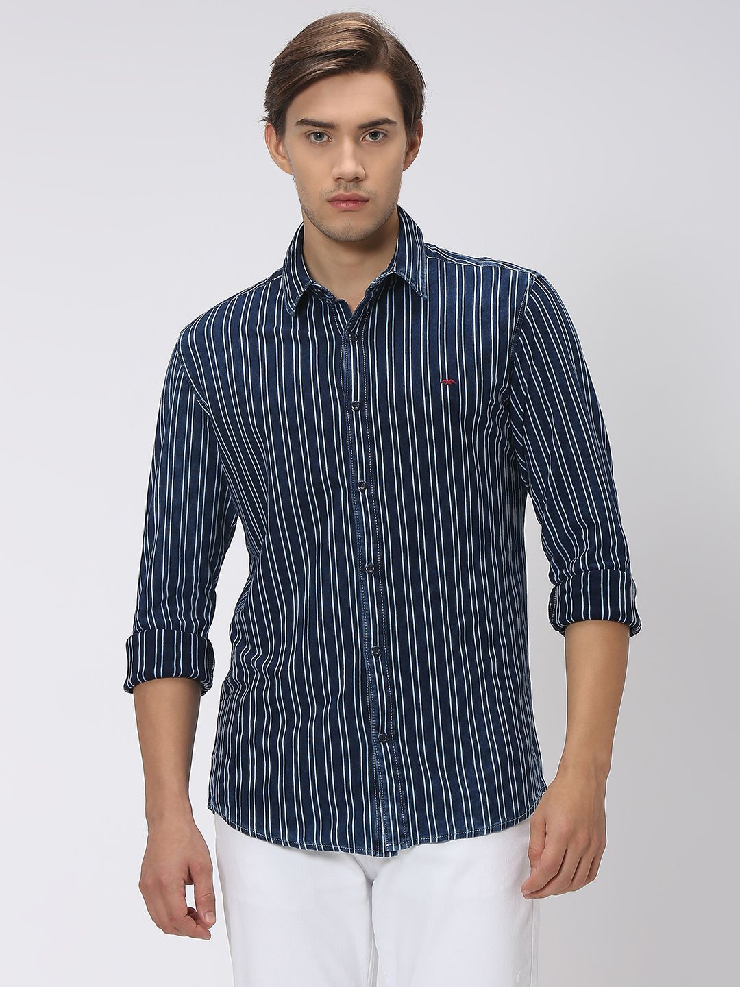 

Mufti Slim Fit Vertical Striped Casual Cotton Linen Shirt, Navy blue