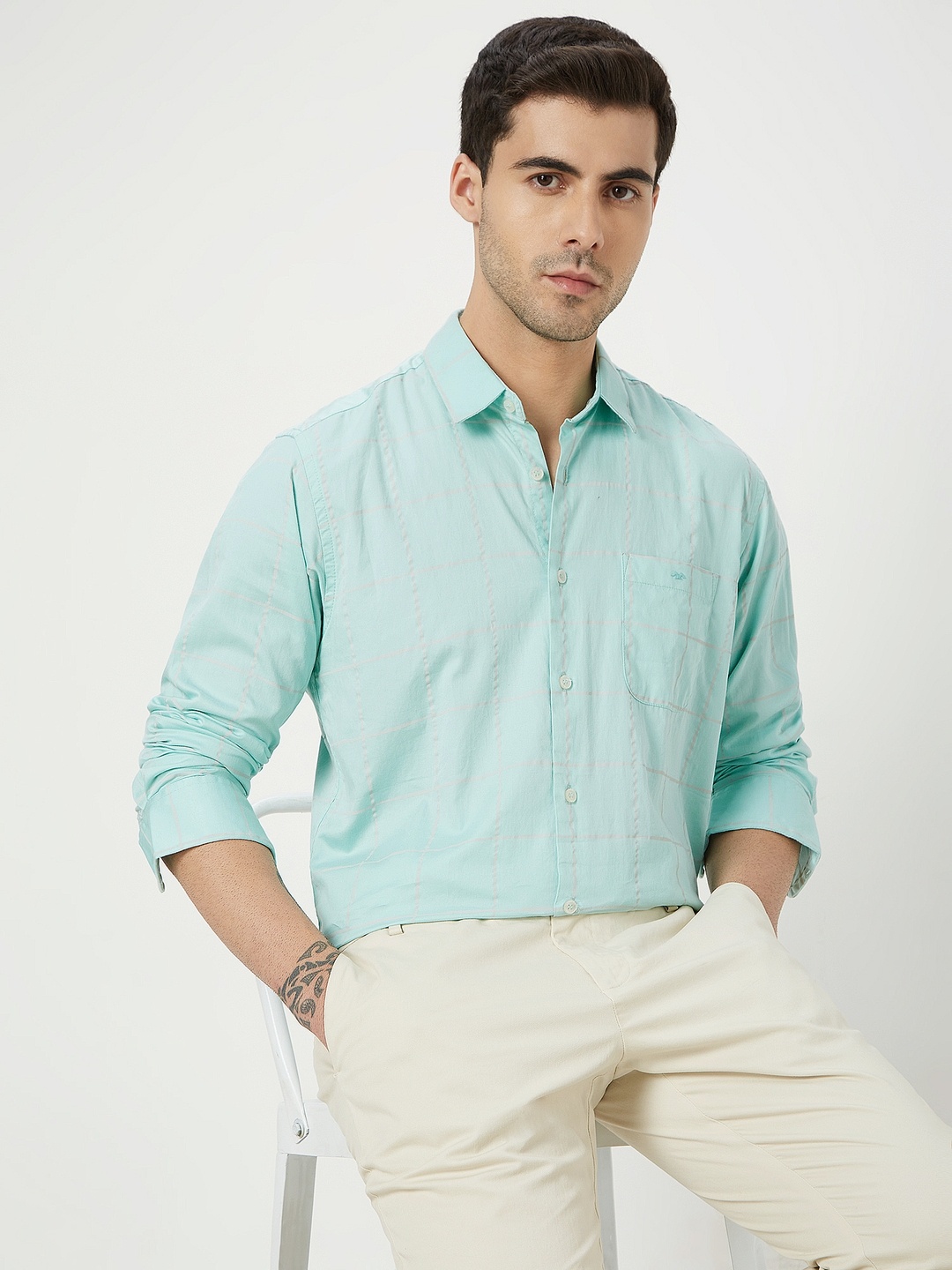 

Mufti Slim Fit Checked Casual Cotton Linen Shirt, Sea green