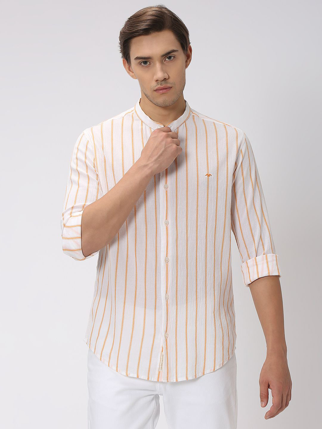 

Mufti Slim Fit Vertical Striped Cotton Linen Shirt, Orange