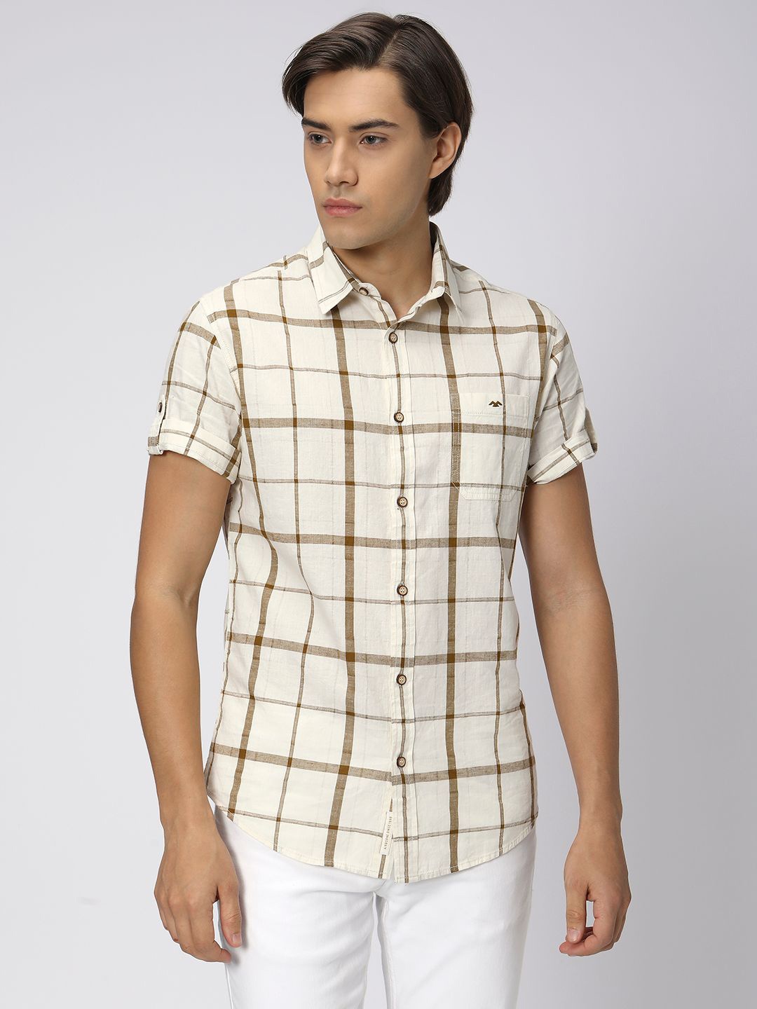 

Mufti Slim Fit Windowpane Checked Casual Cotton Linen Shirt, Beige