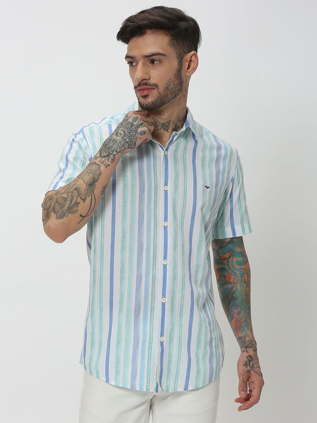 

Mufti Slim Fit Vertical Striped Casual Cotton Linen Shirt, Green