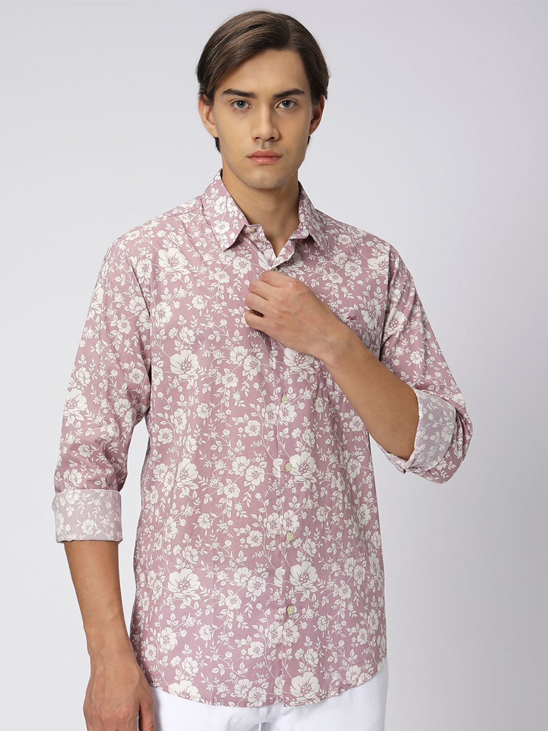 

Mufti Slim Fit Floral Printed Casual Cotton Linen Shirt, Mauve