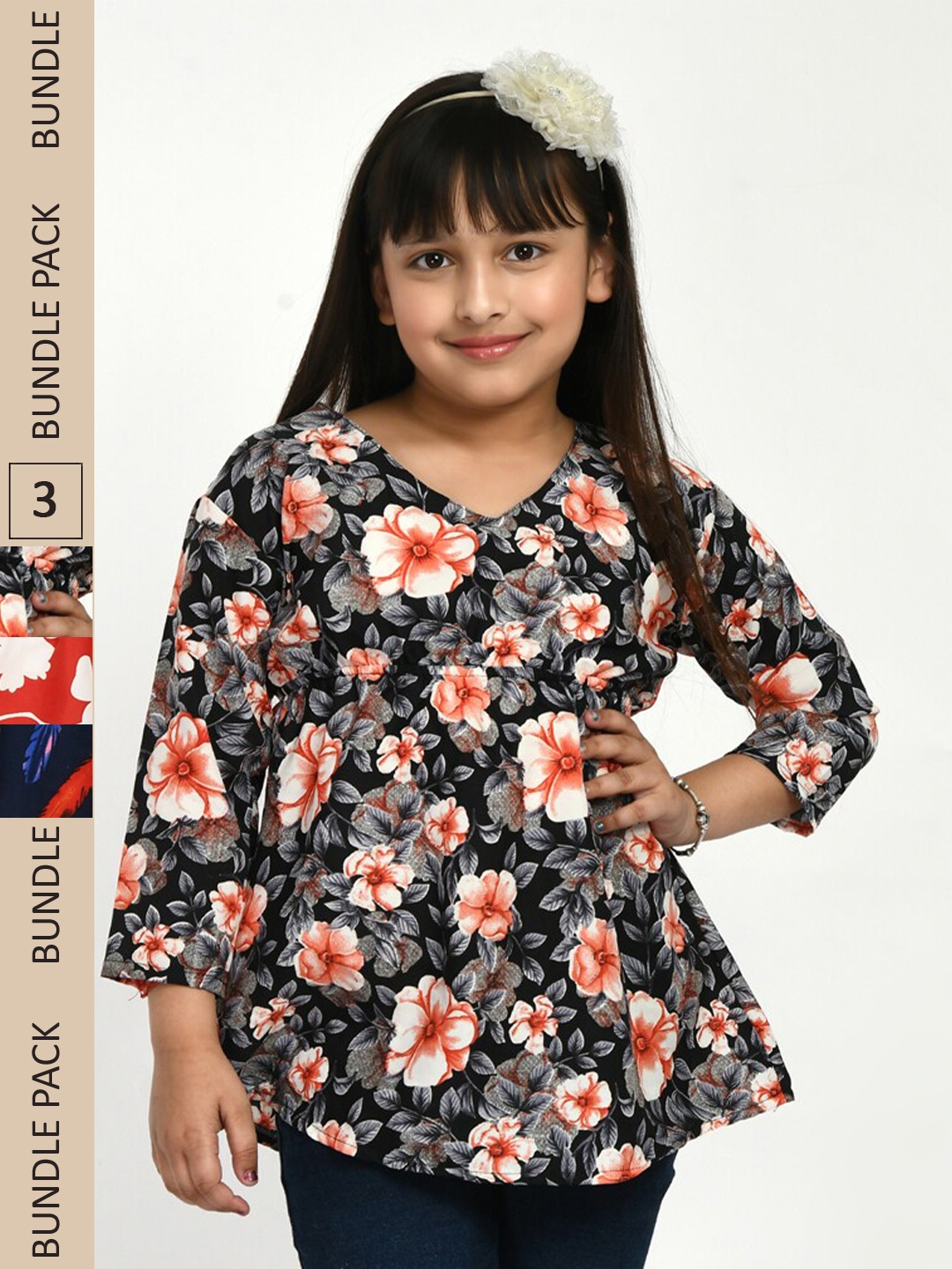 

IndiWeaves Girls Pack Of 3 Floral Printed Empire Top, Black