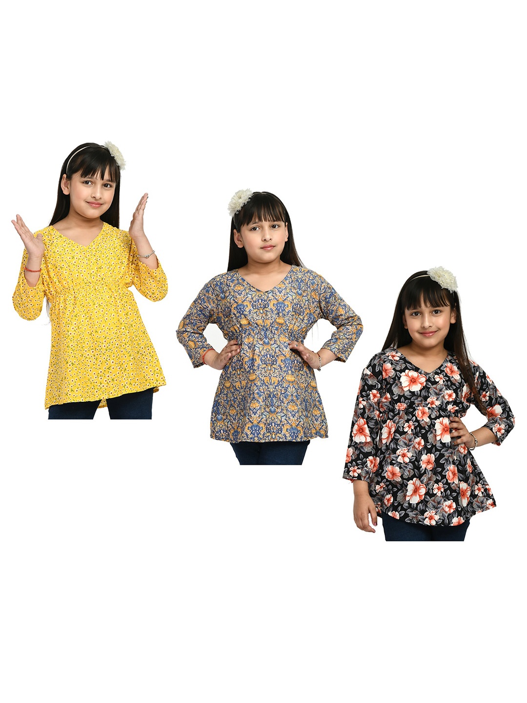 

IndiWeaves Pack Of 3 Floral Printed V-Neck Peplum Top, Yellow