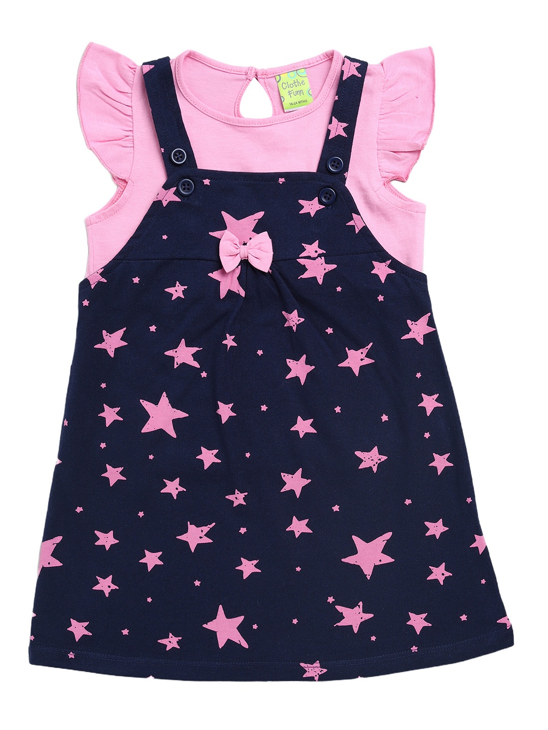 

Clothe Funn Girls Stars Printed Cotton Pinafore Dress With Top, Navy blue