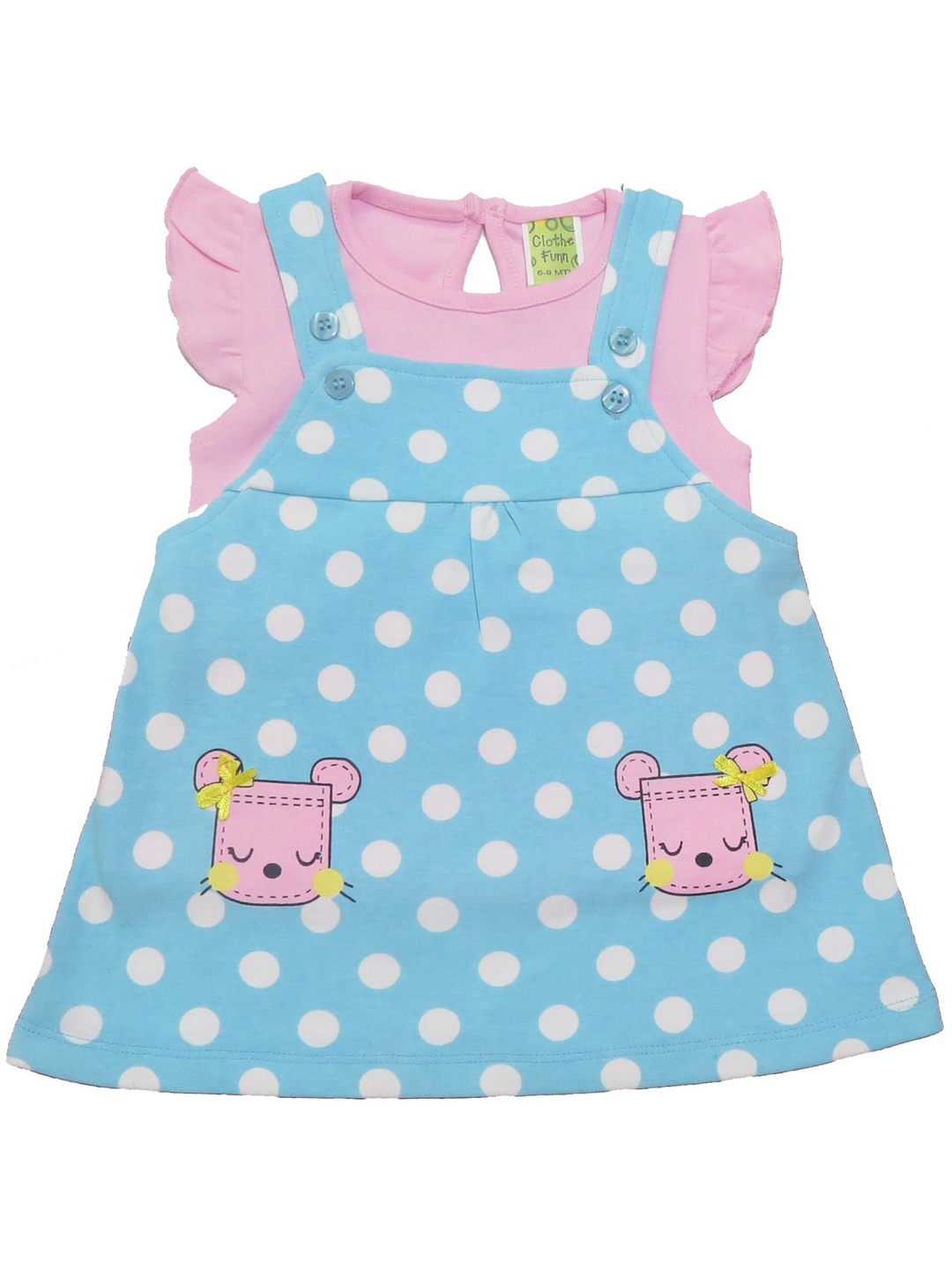 

Clothe Funn Girls Polka Dots Printed Cotton Pinafore Dress With Top, Blue