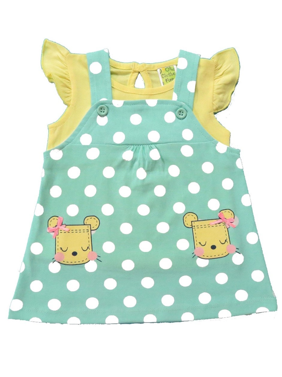 

Clothe Funn Girls Polka Dots Printed Cotton Pinafore Dress With Top, Green